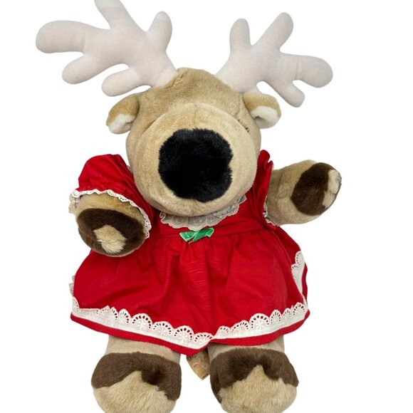 Vintage Reindeer Plush Red Dress Lace Long Face Antlers 23" Tall - Picture 2 of 11